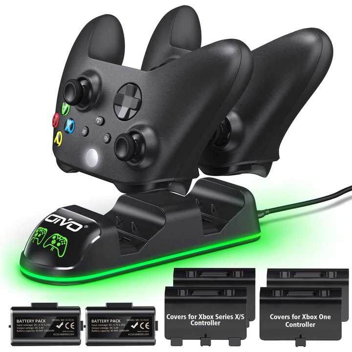 Dupla töltőállomás készlet 2 db 1300 mAh akkumulátorral, Xbox One kompatibilis, Xbox Series X/S kontroller, LED fénnyel, fekete