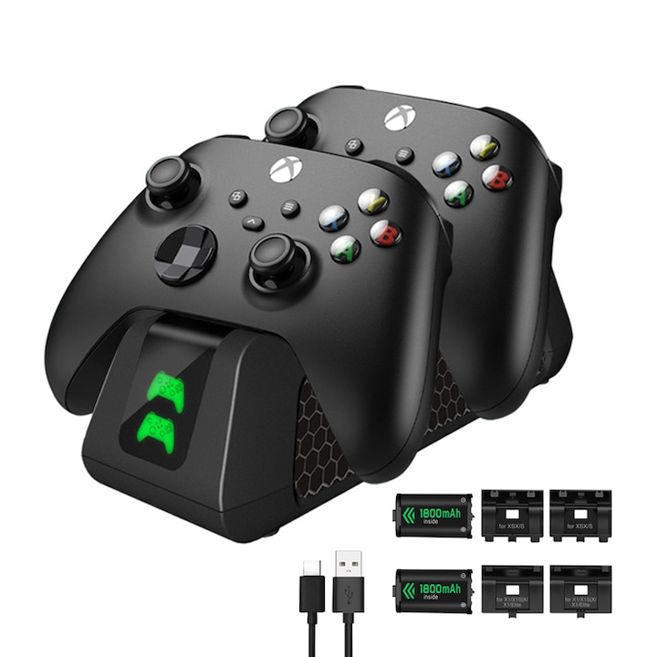 Kettős töltőállomás készlet / 2 újratölthető akkumulátor, KINSI, Xbox One kompatibilitás, Xbox Series S / X, 1800 mAh, fekete