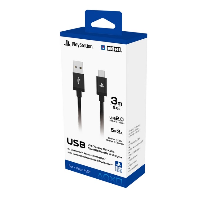 Hori Charging Play, Adat és töltő kábel, PlayStation 5, USB Type-C, 3m, Fekete