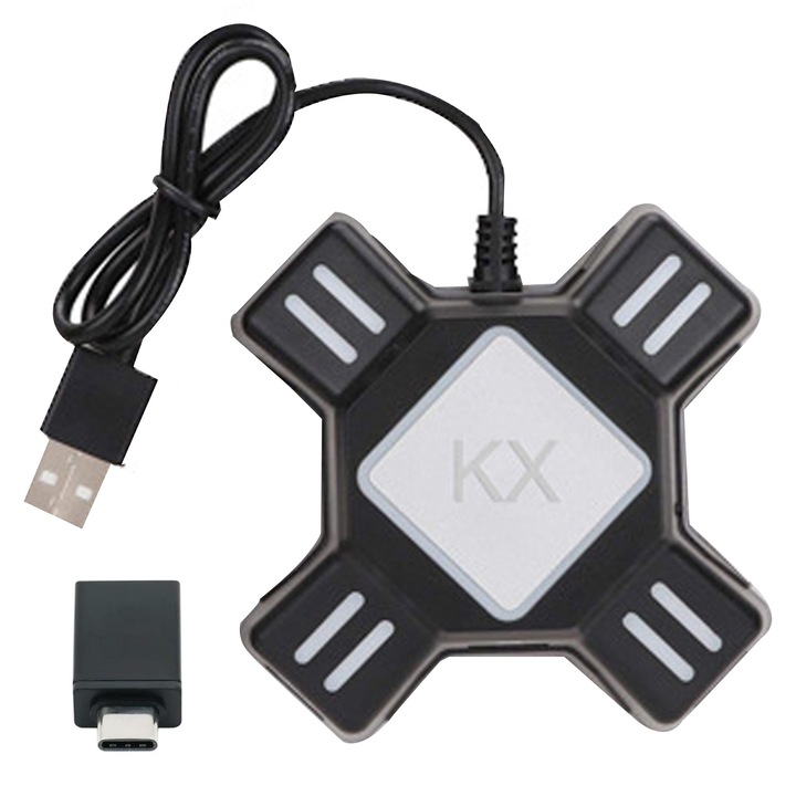 KX konverter adapter, SINBINTA, USB, 5V, 100mA, Hordozható, Könnyen telepíthető, Késés nélkül, Kompatibilis PS4/PS4 Pro/PS4 Slim/Xboxone/Xboxone S/Xboxone X/PS3/PS3 Slim/N-Switch/Xbox360/Xbox360 vékony, ABS, 90,17x90,17x27 mm, fekete