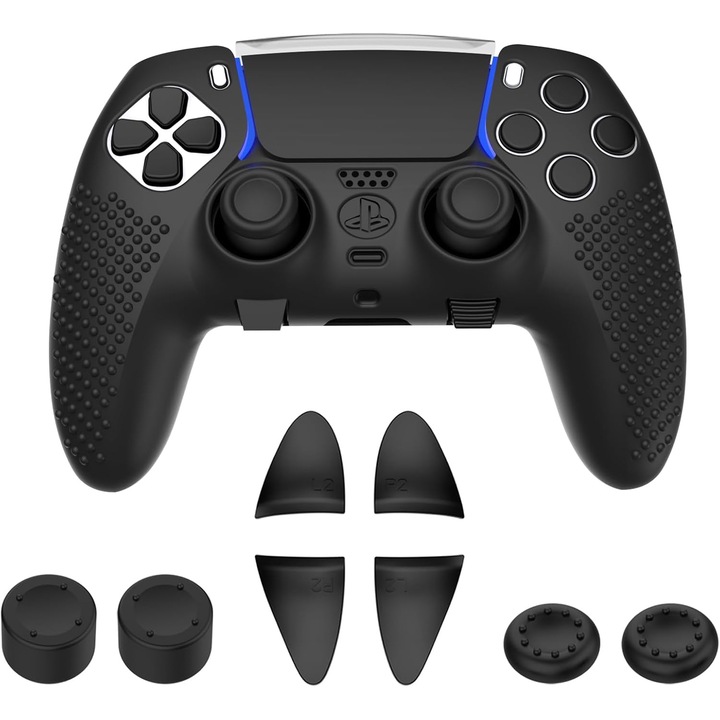 PS5 DualSense Edge Controller tartozékkészlet, csúszásgátló sapka, ujjsapkák, kioldó hosszabbítók, érintőpad matrica, fekete, méret 10x3,5x7cm