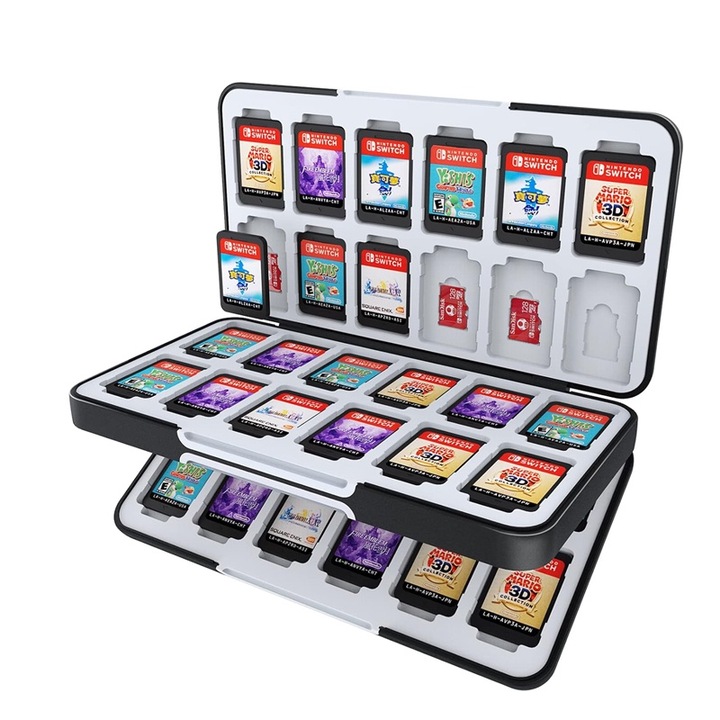 Játékkonzol kártyatok, Rqiurpn, 48 rekesz, Nintendo Switch és TF kártyával kompatibilis, műanyag/szilikon, fekete