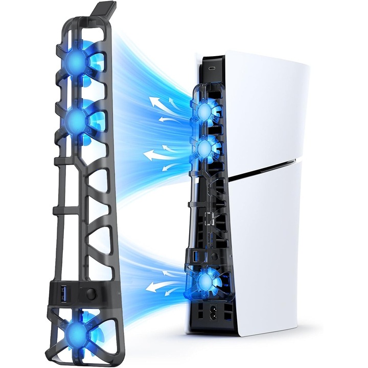 Hűtőventilátor PS5 Slimhez, Wacorresi, 3 állítható sebesség, USB 3.0, fekete