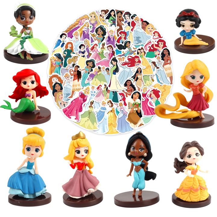 OEM 8 db hercegnő figurát tartalmazó készlet + Princess matricák, Disney Princess Cake figura, Hercegnő tortadíszek, 3 év+, Többszínű