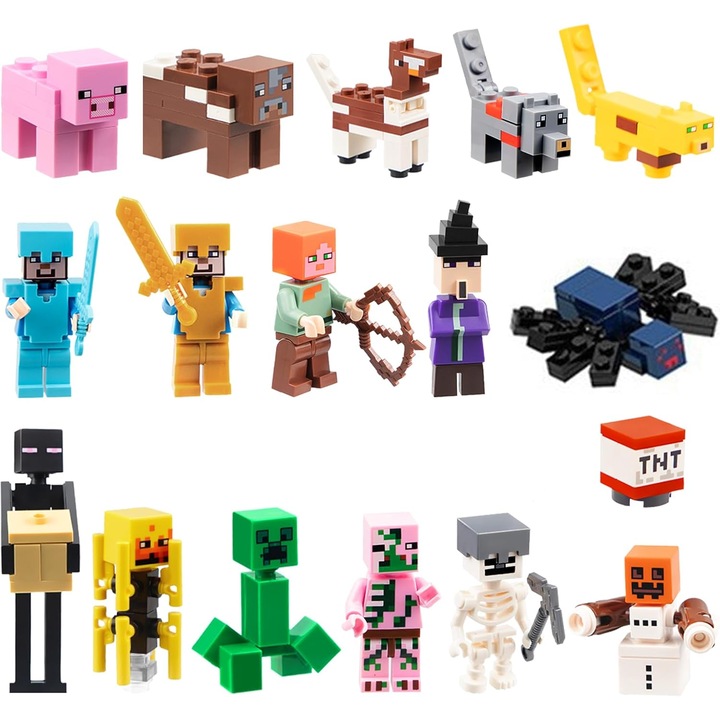17 db Minecraft figura készlet, Minecraft torta figura, Minecraft gyűjthető figurák, Minecraft tortadíszek, Többszínű, PVC, 3 év+