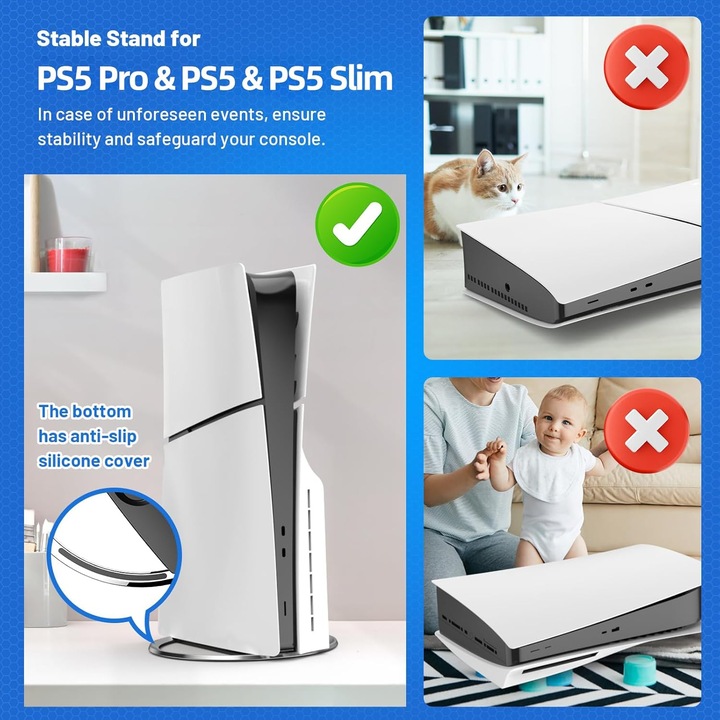 Függőleges tartó PS5 konzolokhoz, PS5 Pro és PS5 Slim kompatibilis, rozsdamentes acélból és ABS-ből, fekete