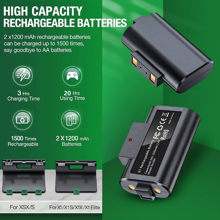 Xbox kontroller töltőállomás, Excitat, 2 újratölthető akkumulátor 1200 mAh, kompatibilis Xbox One, Xbox Series S & X, fekete