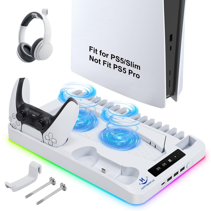 PS5 függőleges hűtőállvány, PS5 PRO, SLIM, DIGITÁLIS és DISC kompatibilitás, Állomás 2 kontroller töltőporttal, fejhallgató-támogatással, RGB világítással, 3xUSB, 1xType-C, 16 CD-tárolóhellyel, állítható ventilátorsebességgel, 3 órás gyorstöltés, Fehér