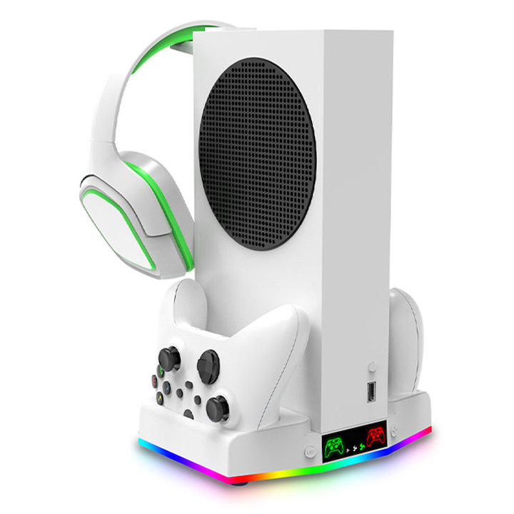Hűtőállvány Xbox Series S-hez, Rqiurpn, Kettős hűtéssel, Kettős töltési funkcióval, Állítható ventilátorsebesség, 2 db újratölthető akkumulátor 1400 mAh-val, RGB fényeffektusokkal, Fejhallgatótartó, Fehér